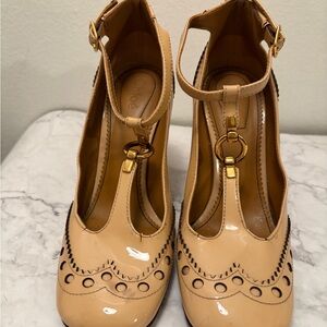 Chloe Perry pan-tent leather square heels baby doll shoes. Buckle around ankle